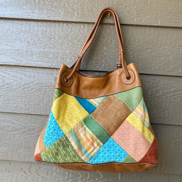 FOSSIL Large Leather Tote Vtg Patchwork Suede Canvas Boho Hobo Hippie - Picture 2 of 15